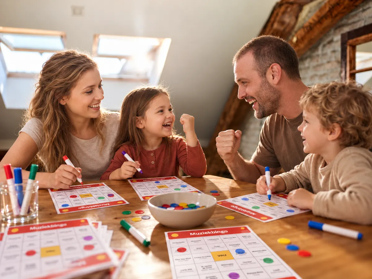 Een gezin speelt thuis muziekbingo aan tafel
